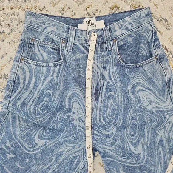 Urban Outfitters BDG Blue Laser Swirl Print Bow Jean Boyfriend Wide Leg SZ 27x32 - Picture 11 of 15